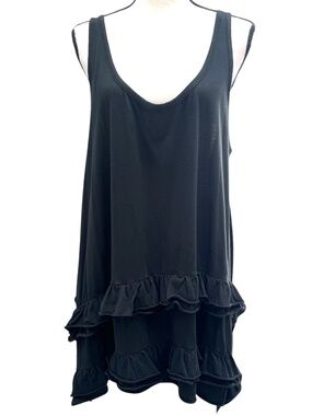 PURE DKNY BLACK COTTON SLEEVELESS TANK MINI DRESS W ROWS OF RUFFLES AT BOTTOM